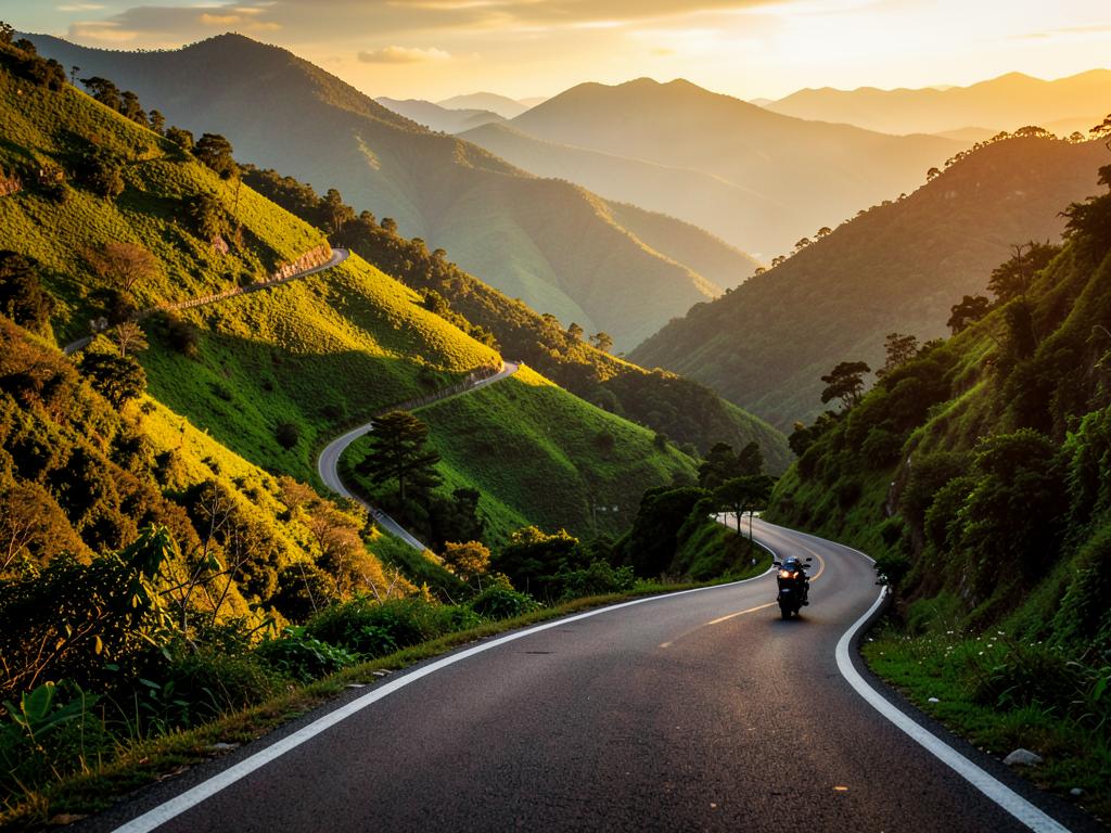 Motorcycle on a winding mountain road at golden hour